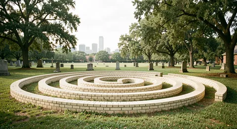 An outdoor labyrinth of pale bricks on grass in a churchyard with Houston trees and a low skyline beyond.