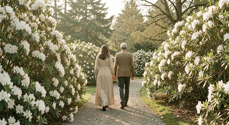 Two people walking side by side along a gravel garden path between azalea bushes, seen from behind at a distance in mid-morning light.