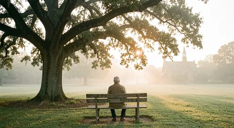 A retreatant seen from behind sitting alone on a wooden bench beneath a large live oak at sunrise, mist over a lawn and a distant chapel roof.