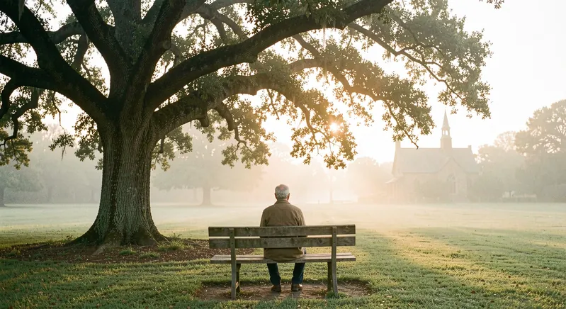 A retreatant seen from behind sitting alone on a wooden bench beneath a large live oak at sunrise, mist over a lawn and a distant chapel roof.
