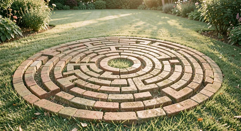 A circular brick labyrinth pattern set in a garden lawn, seen from a low standing angle at golden hour.