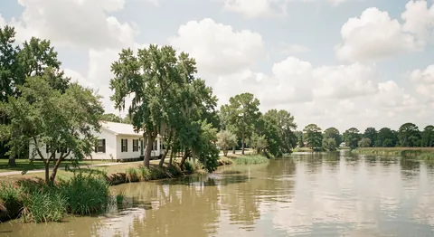 A low white building among trees beside a wide green-brown bayou under bright clouded sky.