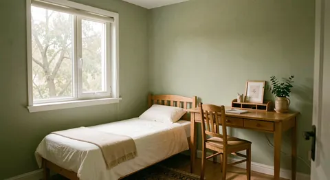A simple guest room with a single bed, a wooden desk and a window looking onto trees in soft morning light.