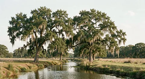 Live oak trees with hanging Spanish moss beside slow bayou water under a flat Texas sky.